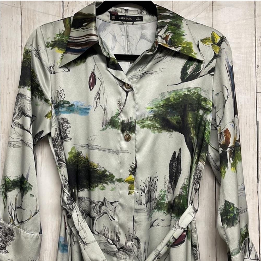 Zara Vintage Woodland Creature Satin Shirt Dress - Picture 6 of 11
